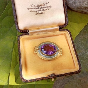 14K Gold, Faceted Amethyst, and Enamel Brooch - Fine Quality Antique Watch Pin - Marked & All Original - Excellent Condition