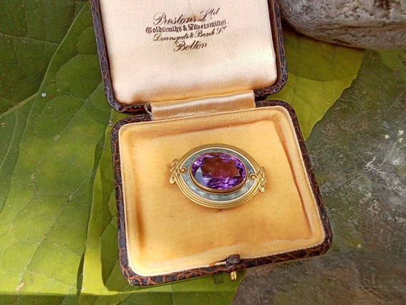 14K Gold, Faceted Amethyst, and Enamel Brooch - F… - image 1