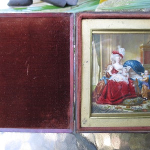 18th Century French Miniature Oil Painting - Royal Court Portrait of Madame and Her Children - Fantastic Red Leather Case - Great Condition