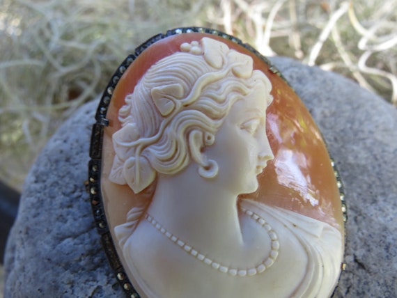 Signed Shell Cameo in 800 Silver Marcasite Mount … - image 3