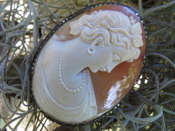 Signed Shell Cameo in 800 Silver Marcasite Mount … - image 8