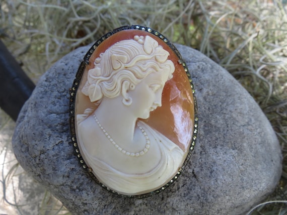 Signed Shell Cameo in 800 Silver Marcasite Mount … - image 1