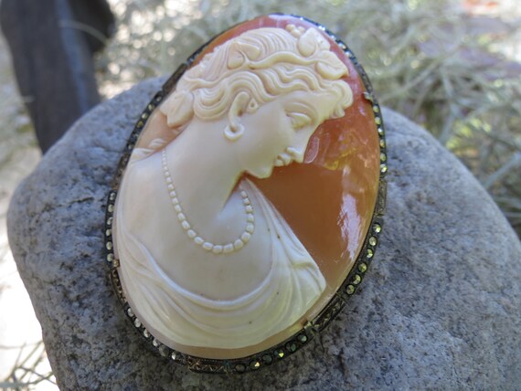 Signed Shell Cameo in 800 Silver Marcasite Mount … - image 2