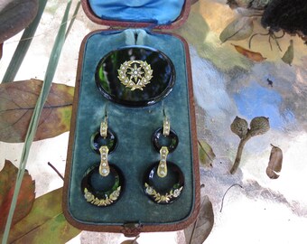 Victorian Onyx Pearl Brooch and Earrings Set - Gold Accents