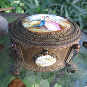 Dore Bronze Jewelry Casket: Hand-Painted Porcelain Victorian Scenes