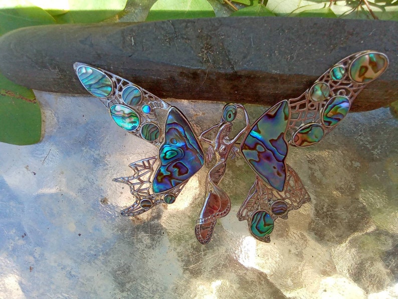 Paire De Broches Papillon En Argent Et Coquille D'abalone Iridescente, Taxco Mexique - Occasion Avec Défauts
