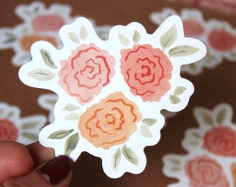 Watercolor Flower 3” Vinyl Sticker, Peach, Coral, Pinks, Hand Painted, Floral, Greenery
