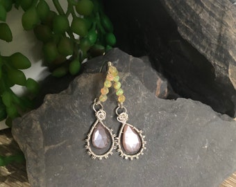 African Moonstone and Ethiopian Opals wire wrapped earrings in 925 sterling silver. Handmade with genuine gemstones. Hypoallergenic.