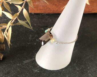 Sterling silver chain ring with Smoky Quartz and Ethiopian Opals. Handmade. Size customisable.