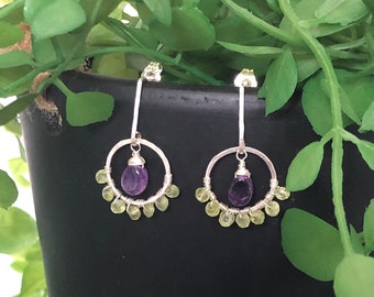 Amethyst and Peridot hand hammered sterling silver earrings.