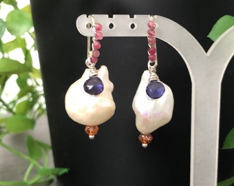 Pearls, iolite, sapphire and pink agate in sterling silver.
