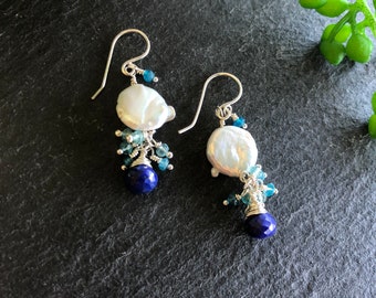 Pearls, blue Apatite and Lapis Lazuli earrings in sterling silver