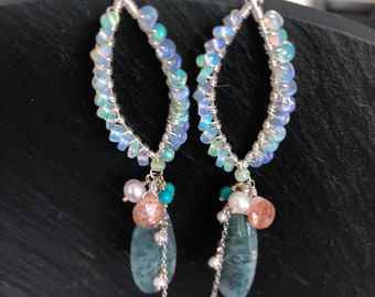 Ethiopian Opals, Moss Agate, Turquoise, Sunstone and Pearls sterling silver and gold filled earrings.