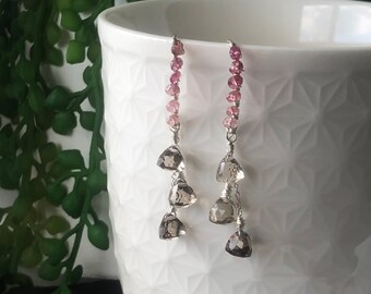 Pink Tourmaline and Smoky Quartz sterling silver earrings.