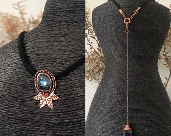 Artisan vegan leather choker featuring Blue Moss kyanite and Garnet copper pendant and a long tassel with multi colour Fluorite dangler.