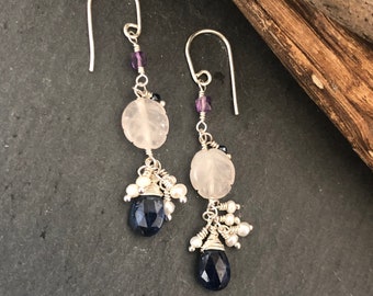 Blue Kyanite multi gemstone earrings in sterling silver.
