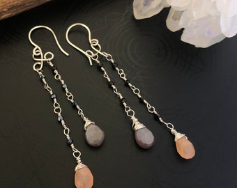 Peach Moonstone, African Moonstone and black Spinel gemstone earrings in sterling silver