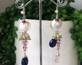 Statement Earrings. Asymmetrical pearl and gemstone earrings in sterling silver.