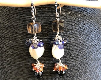 Sterling silver muti-gemstone Pearl earrings with Smoky Quartz, Black Onyx, Sapphire and Iolite.