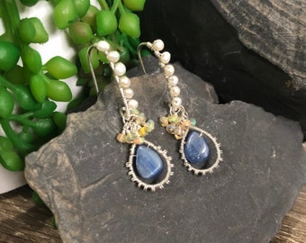 Blue Kyanite, Ethiopian Opals and Pearls wire wrapped earrings in sterling silver.