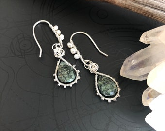 Handmade Seraphinite gemstone and Pearls sterling silver earrings.