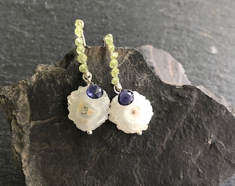 Solar Quartz and Iolite with Peridot wrapped ear wires in sterling silver.