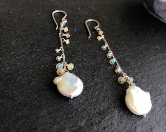 Baroque Coin Pearls And Ethiopian Opals Sterling Silver Dangler Earrings.