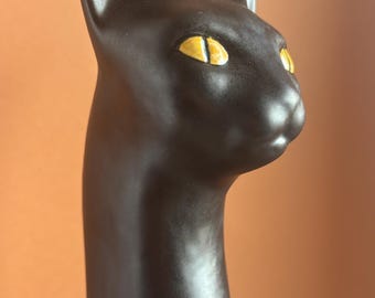 Vintage Art Deco 80's Long Neck Cat Large Glazed Black Ceramic 21