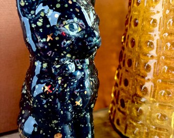 Handmade Ceramic Cat – Black Cosmic Glaze with 24ct Gold Stars - Made to Order