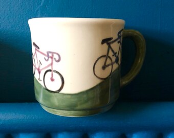 Made to order- Handmade Ceramic Mug. Cycling /Bikes / Pottery, handcast, hand painted, bold design. Made in Stoke, UK