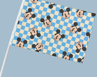 Bandera pequeña para cochecito con clip / Ratón a cuadros azul / Cochecito de parque temático (UN SOLO LADO)