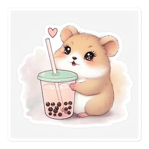 May include: A sticker featuring a cute cartoon hamster holding a bubble tea. The hamster is light brown with big eyes and a pink heart above its head. The bubble tea is in a clear cup with a green lid and a pink drink with black boba.