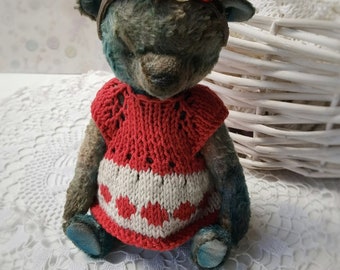 Peluche ours en peluche fait main art mignon poupée vintage brillant robe en tricot cadeau d'anniversaire OOAK à collectionner