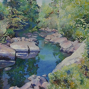 Pittura di paesaggio fluviale, paesaggio fluviale originale, acquerello di ruscello, pittura forestale, arte della parete fluviale, stampa artistica della foresta, arte della natura