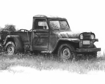 Old Truck, Truck Drawing, Old Truck Art Print, Old Truck Collection, Willy's Jeep Truck Art,  Old Pickup, Old Truck Wall Art, Farm Truck Art