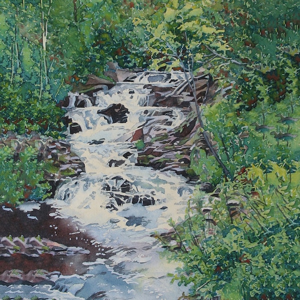Impression de peinture de cascade de forêt, aquarelle de cascade, impression d’art de cascade de forêt, paysage de rivière de forêt, peinture de roche, art de mur de cascade