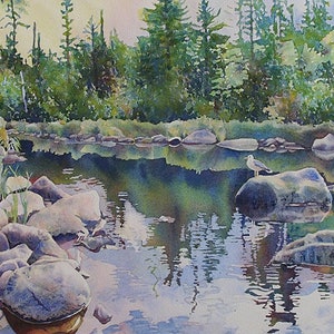 Peinture de paysage de lac, Aquarelle de scène de lac, Impression d’art de paysage de lac, Peinture de rivage, Art mural de paysage de lac, Peinture de ruisseau