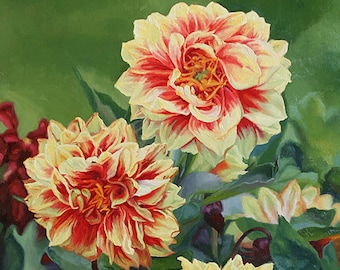 Dahlia Painting, Dahlia Art, Dahlia Art Print, Botanical Painting, Orange Yellow Botanical, Orange Yellow Flower Art, Dahlia Wall Art