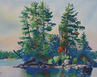 Island Watercolor Print, Lake Landscape Painting, Island Art Print, Lake Scene Watercolor, Island Painting, Lake Landscape Wall Art