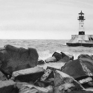 Lighthouse Drawing Print, Lighthouse, Rock Drawing, Lighthouse Print, Lake Shoreline Art, Lighthouse Wall Art, Waterscape Art, Lake Superior