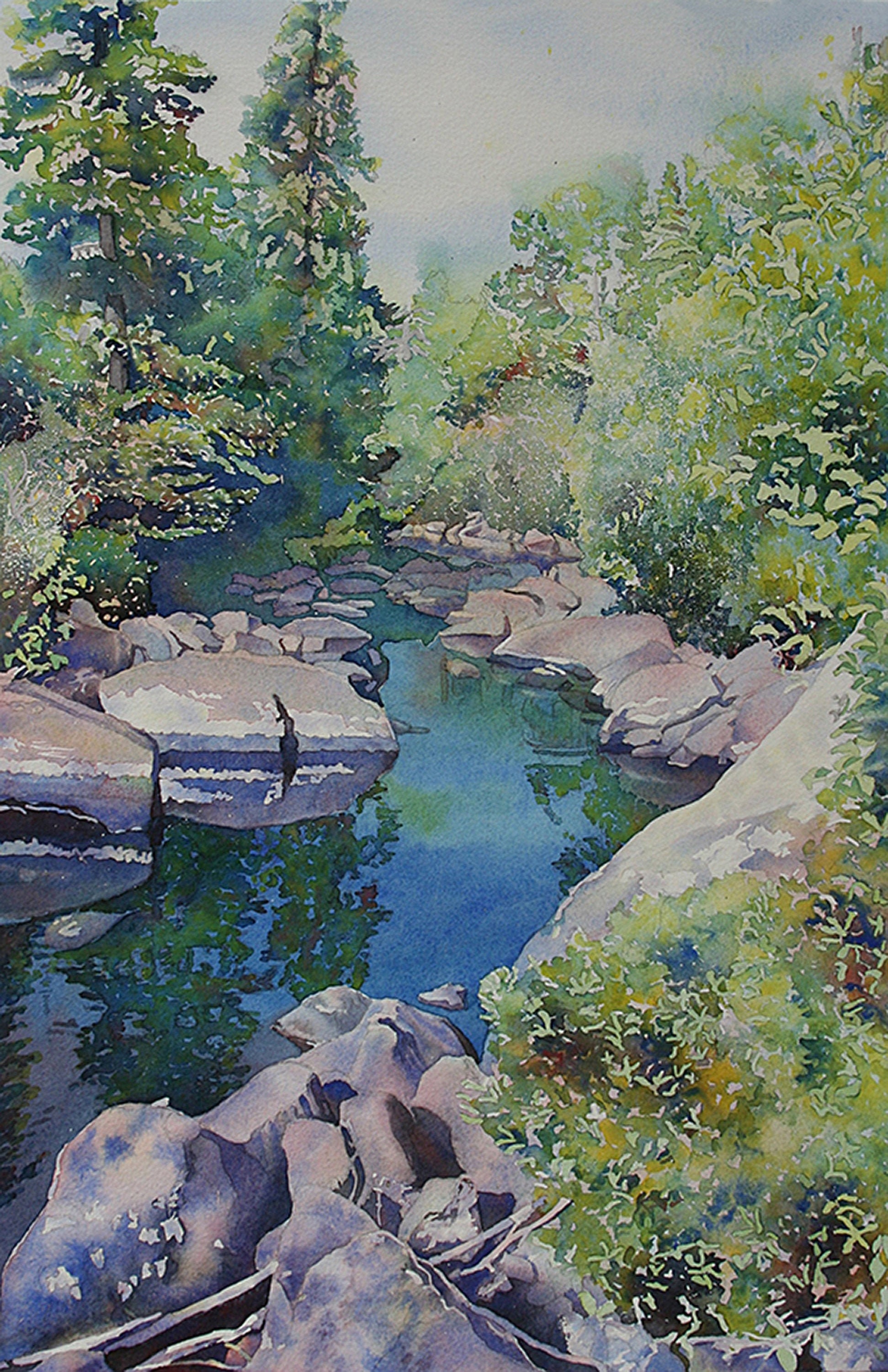 水彩画 風景 額縁 清流 インテリア 絵画 森 さしかかり 川