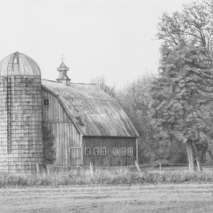 Farm Drawing, Barn Drawing, Farm Art Print, Barn Gift, Rural Landscape, Traditonal Family Farm, Family Farm, Farmhouse Wall Art image 1