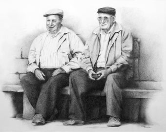 Bench Art, Bench Drawing, Old Men on Bench, Old Men Print, Friends Drawing, Park Bench Art, Bench Wall Art, Old Man Gift, Retirement Gift