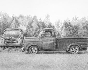 Old Truck Drawing, Original Truck, Original Dodge Truck, Truck Wall Art, Dodge Truck Art, Vintage Truck, Antique Truck, Pickup Truck Art