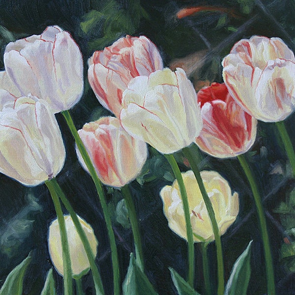 Peinture de fleurs de tulipes, Peinture à l’huile de tulipes, Impression d’art de tulipes, Art de tulipes rouges blanches, Peinture de fleurs de printemps, Art mural de tulipes