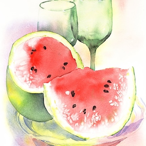 Wassermelone Malerei Grußkarte, Obst Aquarell Karte, Wassermelone Kunstdruck, Wassermelone Aquarell, Melone Malerei, Küche Wandkunst