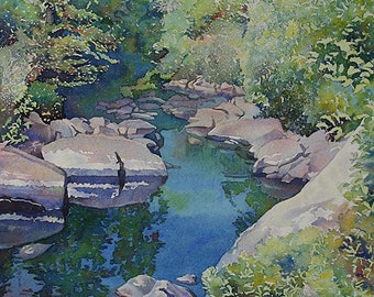 川の風景画プリント、小川の風景水彩画、川の水彩画、森の絵画