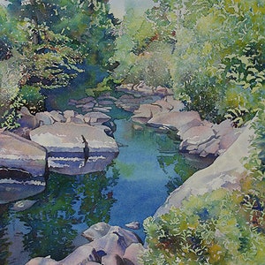 River Landscape Canvas Wrapped Painting, Stream Watercolor, Forest Painting, River Wall Art, Ready to Hang Canvas, Nature Lover Painting