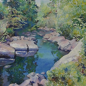 Impression de peinture de paysage fluvial, aquarelle de paysage de ruisseau, aquarelle de rivière, peinture forestière, art mural de rivière, impression d’art forestier, art de la nature
