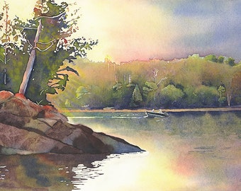 Lake Landscape Painting Print, Lake Scene Watercolor, Lake Landscape Art Print, Boat Painting, Shoreline Painting, Lake Landscape Wall Art